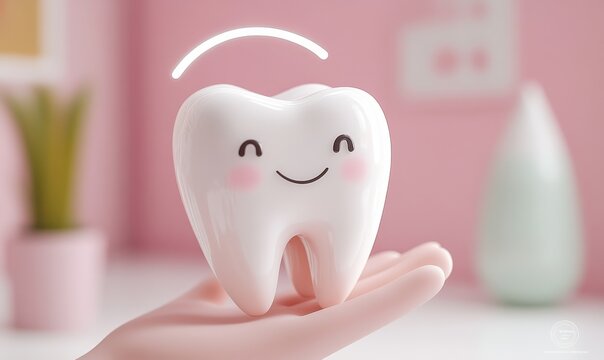 3D render of a smiling cartoon tooth with a cheerful expression