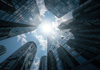 A towering skyscraper reaching into the sky, captured from a low-angle perspective, symbolizing ambition, growth, and modern business success
