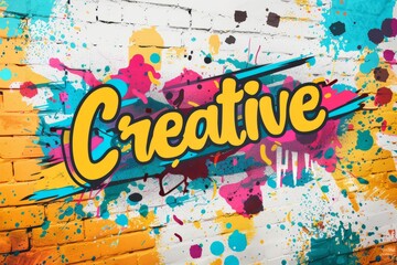 Yellow creative lettering takes center stage amidst colorful letters and musical notes on a vibrant, textured canvas, igniting inspiration and artistic expression