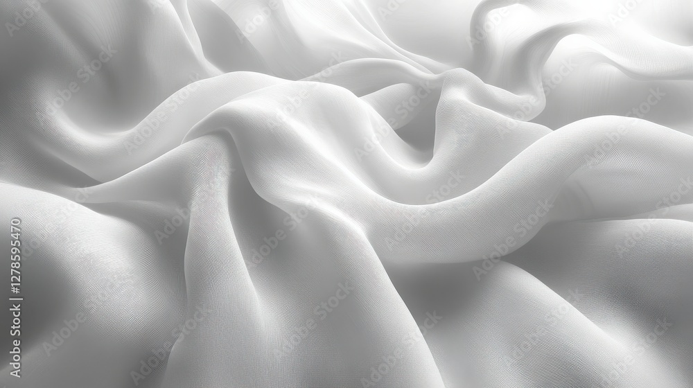 Poster soft, flowing white fabric draped elegantly, creating gentle waves and shadows in a serene setting