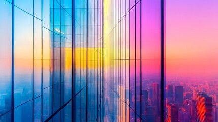 Abstract view of glass skyscrapers with vibrant gradient lighting, modern corporate architecture symbolizing growth and innovation