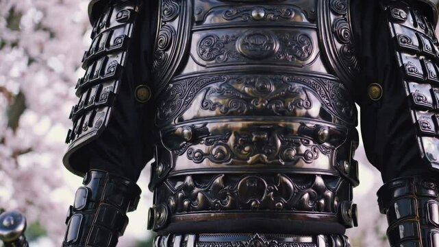 Slow Motion of a Samurai Standing Still in Intricate Armor – Detailed Traditional Samurai Armor with Engraved Plates and Flowing Fabric, Poised with a Strong Stance Against a Mysterious, Atmospheric 