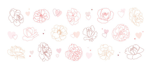 Collection of delicate and elegant flowers in vector. Continuous line peony and roses with hearts on white background. For wedding invitations, greeting cards, or decorative prints