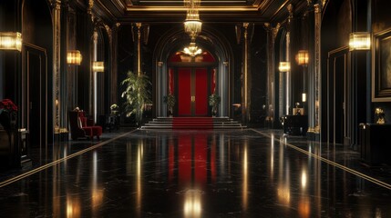 Grand Mansion Entrance, Red Doors, Polished Floor, Elegant Interior, Luxury Home Design