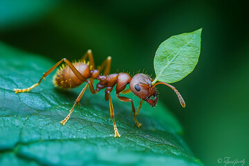 Detailed Macro of an Ant Carrying a Green Leaf on Another Green Leaf in Daylight