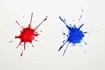 Red and blue paint splashes on white background. Creativity and artistic expression