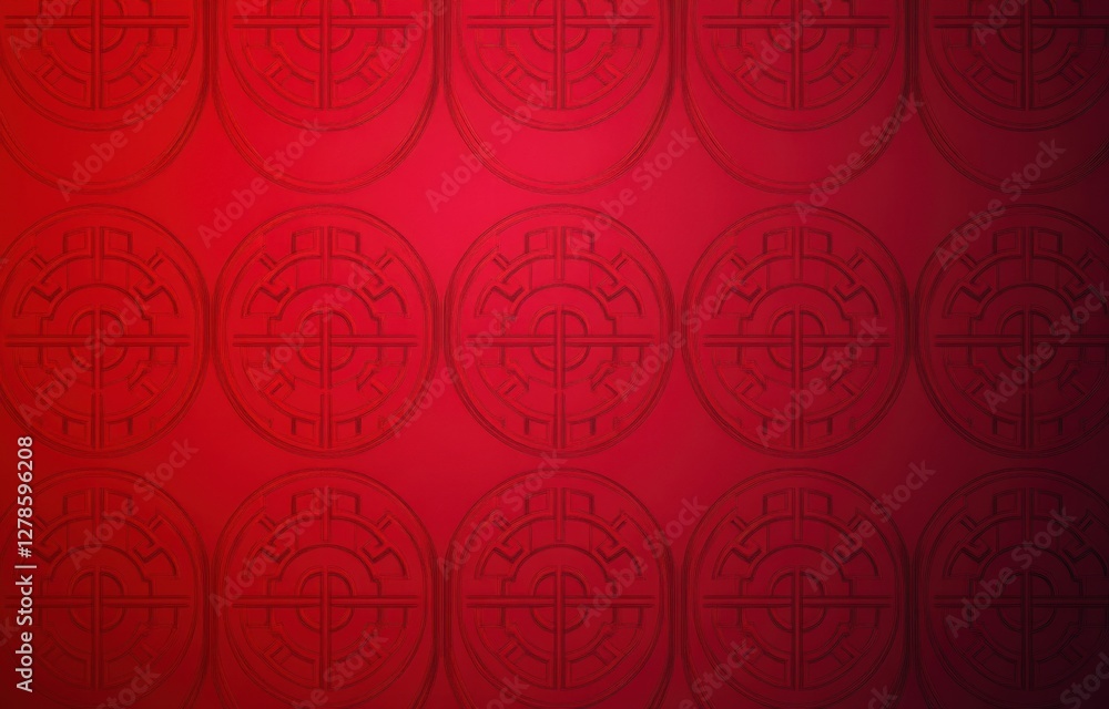 Poster red geometric pattern background with embossed circular designs.