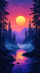 Vibrant Sunset Over Misty Mountain River with Pine Trees - Minimalist Background for Mobile Phones
