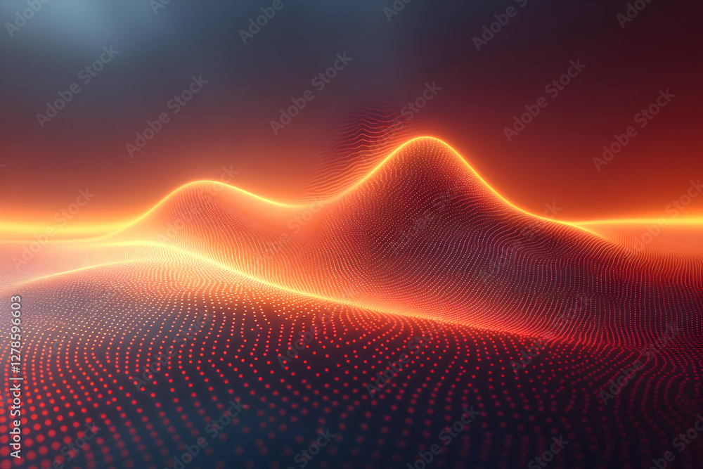 Poster abstract glowing orange digital data network wave pattern on dark blue background