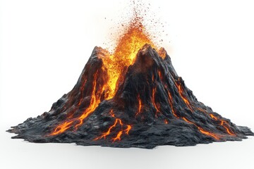 Erupting Volcano with Lava Flow Dramatic Volcanic Eruption Scene Isolated on White Background