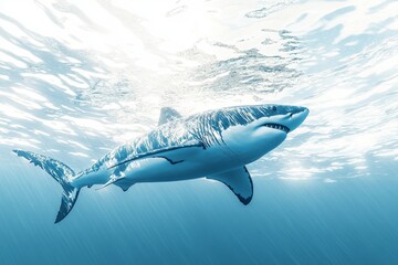 Fototapeta premium Majestic Great White Shark Underwater Ocean Wildlife Marine Animal Sunlight Aquatic Life