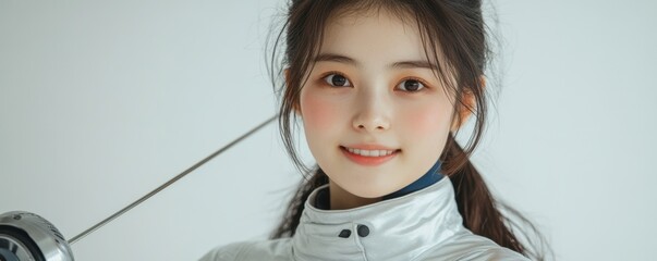 Young female fencer posing confidently with her sword and smile