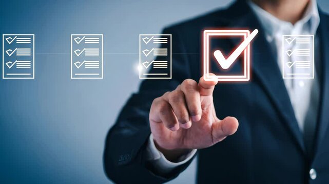 A businessman confidently places a digital glowing check mark in the void, symbolizing success and achievement. The futuristic scene conveys innovation and professionalism in a huge space.