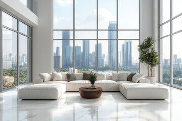 Modern Luxury Apartment Living Room with Panoramic City View Sectional Sofa Marble Floor