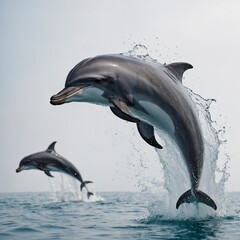 Fototapeta premium A dolphin leaping out of the water, creating a splash of water droplets against a white background.