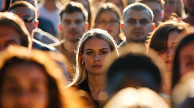 A large crowd of people gathered outdoors. Faces blend into the background, creating a sense of unity and diversity. The image symbolizes society, community, and human connection in an urban setting