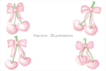 Coquette cherries with pink ribbon bow watercolor .vecter Illustrations.