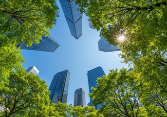 A towering skyscraper reaching into the sky, captured from a low-angle perspective, symbolizing ambition, growth, and modern business success
