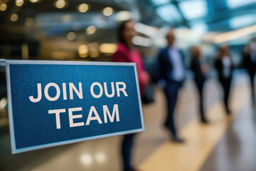 A corporate sign displaying 'Join Our Team' at a professional venue, symbolizing the search for committed individuals to strengthen the team.