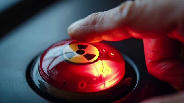 A close-up of a glowing red button with a radioactive symbol, possibly a nuclear launch trigger. A finger is pressing it, creating a tense and dramatic atmosphere of danger, emergency, and high-stakes