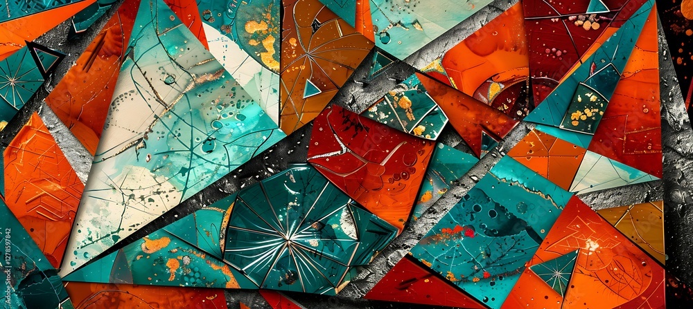 Poster green and orange triangular shapes creating a stunning abstract geometric background with crystallin