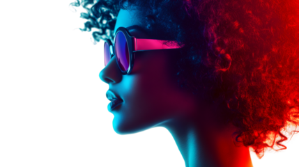 Studio shot of a fashion model wearing sunglasses with red and blue lights, transparent background
