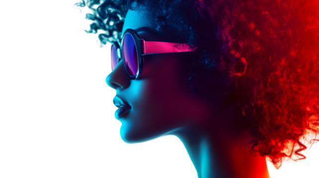 Studio shot of a fashion model wearing sunglasses with red and blue lights, transparent background