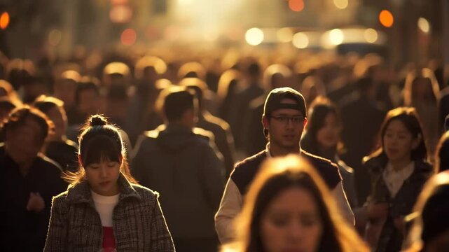 A dense crowd of people moving together in an urban setting. Faces blend into the background, symbolizing society, diversity, and human connection. A representation of modern life and busy city