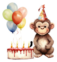 PNG Monkey celebrating birthday balloon dessert cartoon.