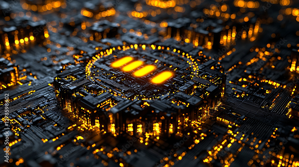 Poster abstract closeup of a futuristic circuit board with glowing orange elements. ideal for technology, a