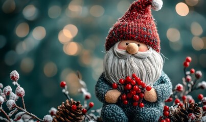 Nordic Christmas Gnome with Winter Berries and Pine Cones on Dark Green Background, Festive Holiday Decoration, New Year Greeting Card Design, Coziness and Tradition in Winter