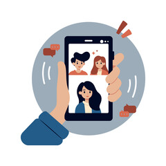 Video conference concept. Friends video call using the smartphone. Human hand hold device with people on screen. Digital technology and communication. Vector flat cartoon illustration.