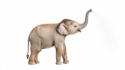 Baby elephant spraying water from its trunk in a playful pose against a soft white background