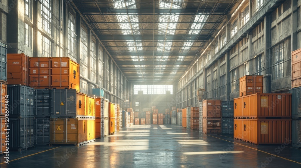 Poster a spacious warehouse interior filled with stacked shipping containers, illuminated by soft sunlight 
