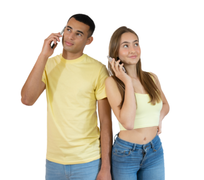 Young diverse couple talking on smartphone standing isolated over transparent background. PNG transparent