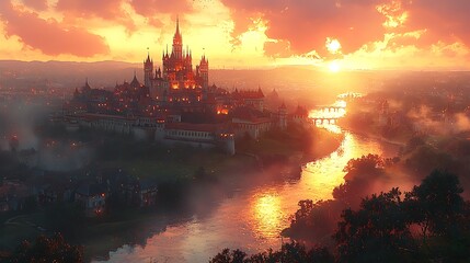 Golden Hour Castle: A majestic castle silhouette emerges from the misty horizon, kissed by the golden hues of the rising or setting sun, a captivating blend of fantasy and reality.