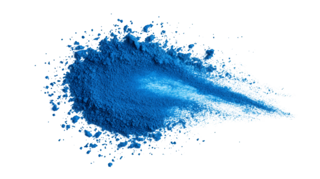Intense blue powder bursting into dynamic cloud, dispersing powdery particles with vibrant energy against transparent backdrop