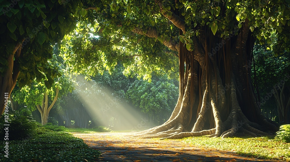 Poster sunlit path through lush green forest with massive tree