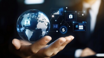 Digital globe with financial icons in a business context.