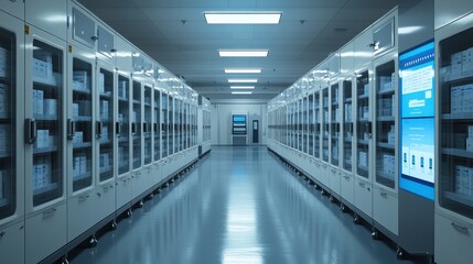 A modern, well-lit corridor lined with high-tech storage units, showcasing a clean and organized environment.