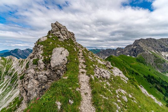 Mountain ridge path in the Allgau Alps near Breitenberg and Rotspitze in Bavaria