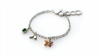 Fototapeta premium Delicate Silver Bracelet with Unique Charms Featuring Leaf and Flower Designs on a Clean Background