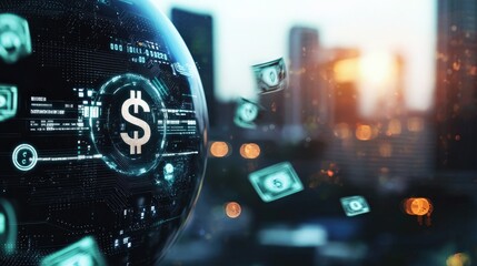 Digital globe with dollar sign and floating money icons.