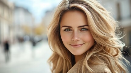 Fototapeta premium A young woman with long, wavy blonde hair smiles warmly while walking through a lively city street. Her bright green eyes reflect the joy of a sunny day as people stroll by