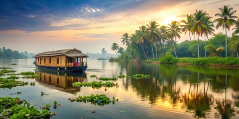A houseboat glides smoothly on the calm backwaters of Alappuzha, surrounded by lush greenery and vibrant water lilies, with a subtle mist rising from the water , natural beauty, serene