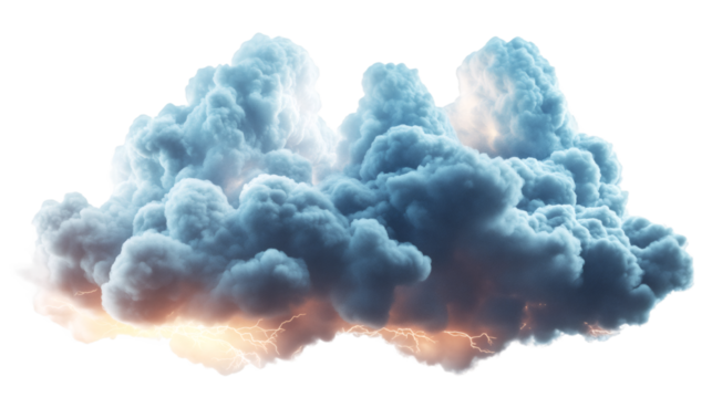 Dramatic cumulonimbus cloud unleashing lightning bolts, highlighting severe weather dynamics against transparent backdrop