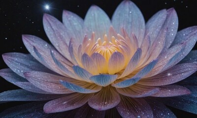 A luminous blue and purple flower with golden edges and a glowing yellow core shimmers against a dark starry sky, creating an ethereal and mystical composition