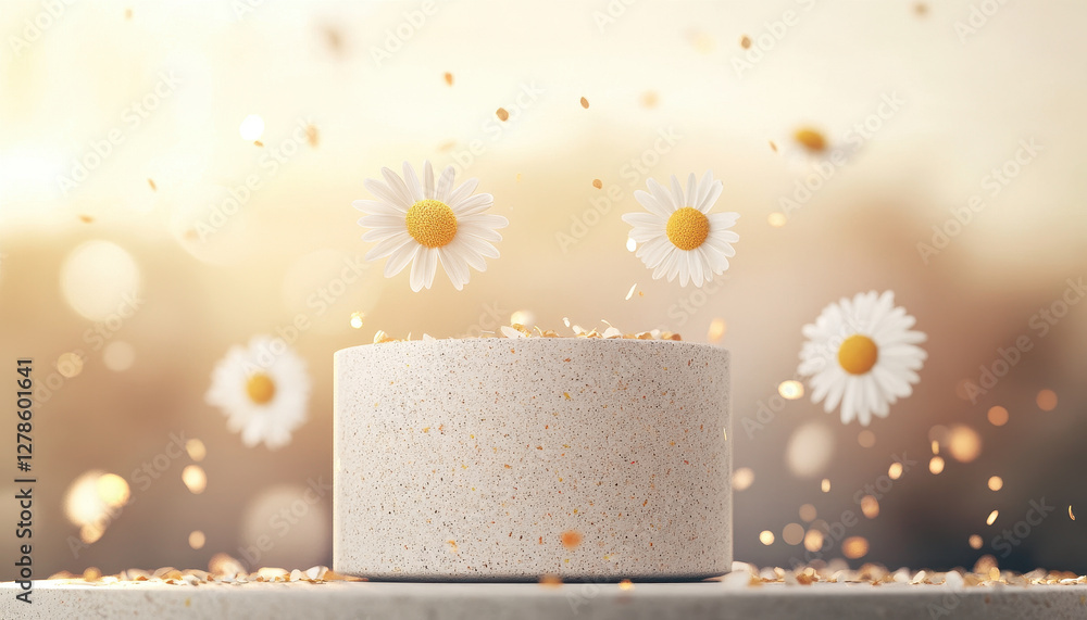 Aufkleber luxurious 3d botanical podium with soft daisies floating above, creating serene atmosphere