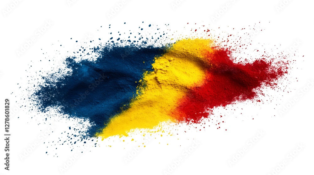 Poster Romanian flag created with colored powder exploding creating a beautiful effect over a transparent background