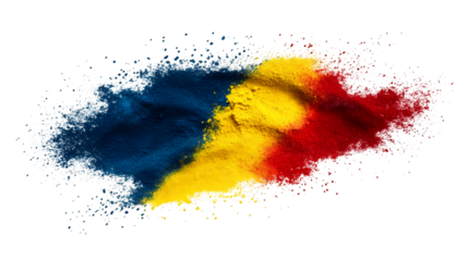 Romanian flag created with colored powder exploding creating a beautiful effect over a transparent background